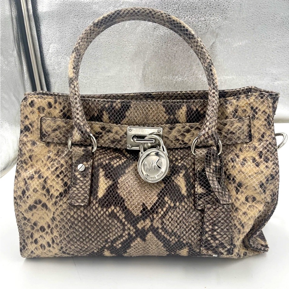 Michael Kors Tan and Gray Large Snake Print Satchel with chain strap